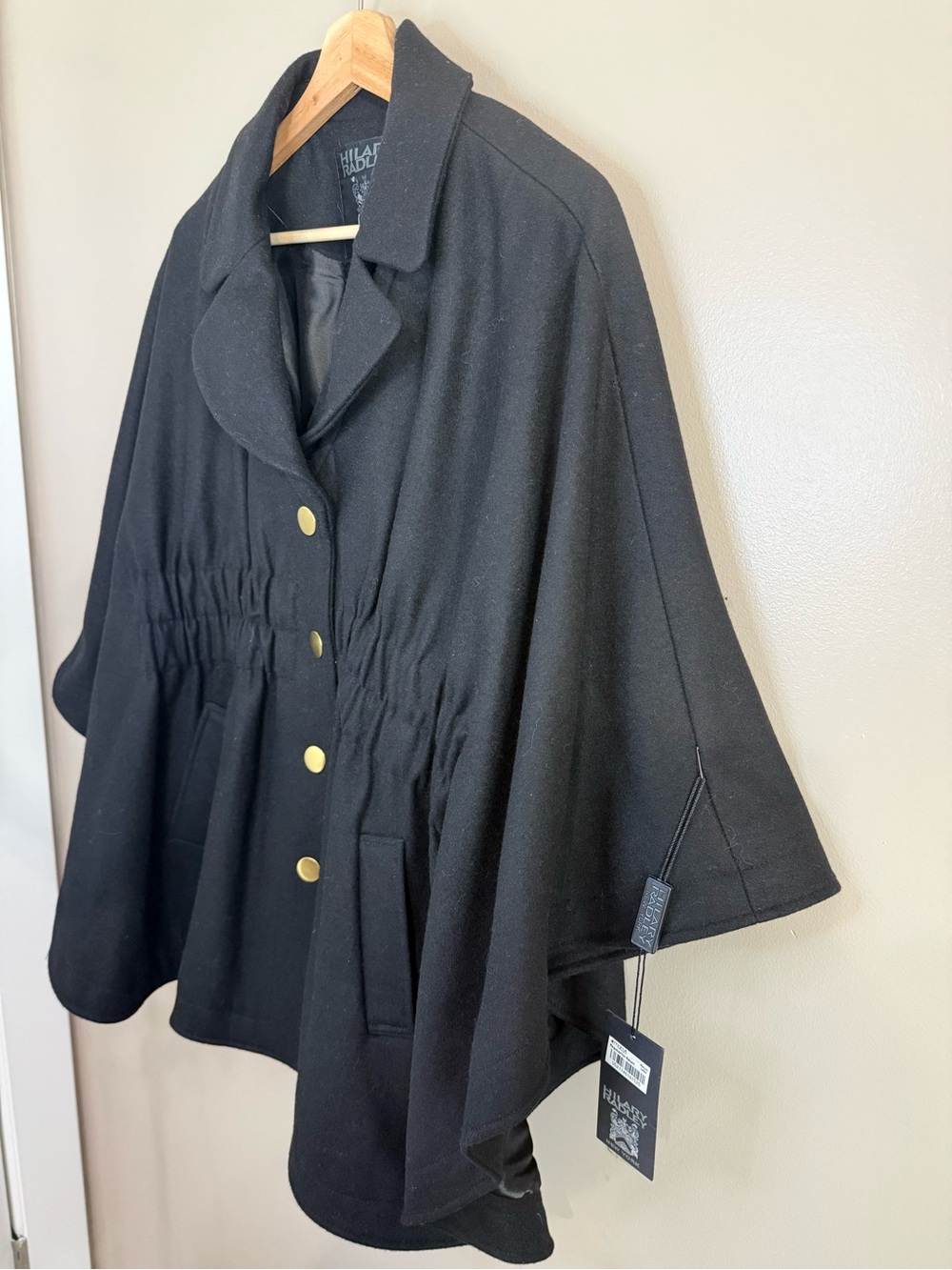 NWT Hilary Radley Black Wool Cinched Poncho Cape Coat‎ Batwing-Sleeves Vintage M - Picture 3 of 14